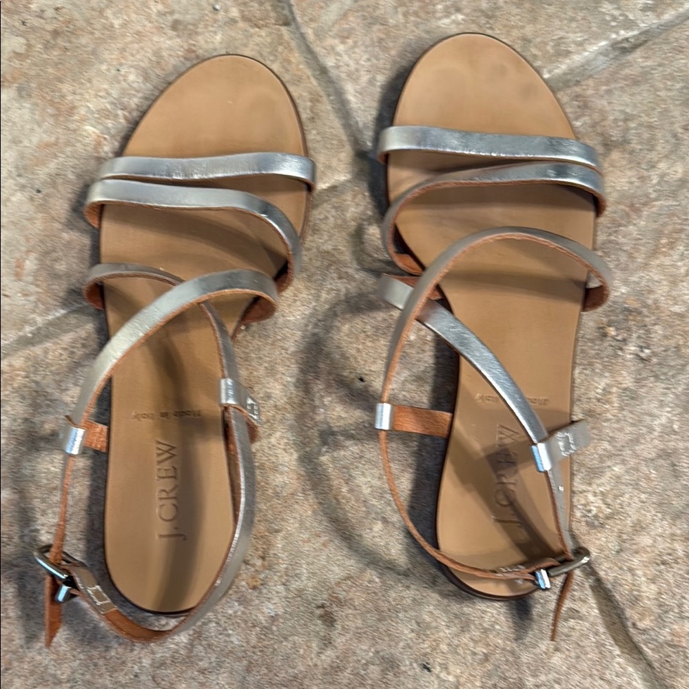 J. Crew Silver and Tan Sandals with Elegant Straps
